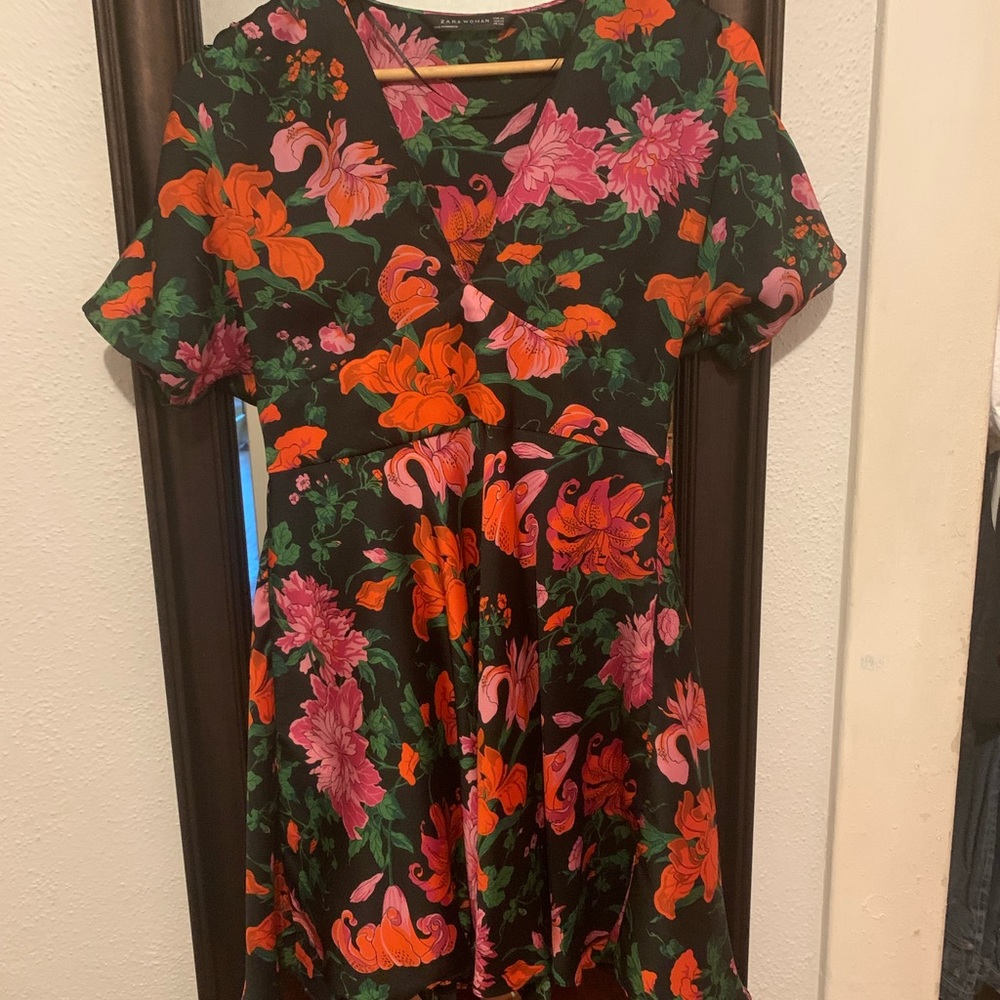 Zara woman Black Floral dress pink orange green